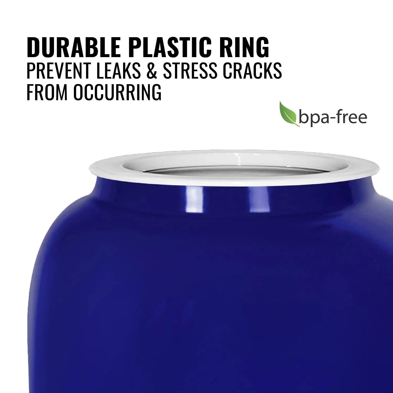 A close-up of the GEO Porcelain Ceramic Crock Water Dispenser w/ Stand in blue, featuring a white BPA-free plastic ring that prevents leaks and cracks. A green leaf BPA-free label is also visible.
