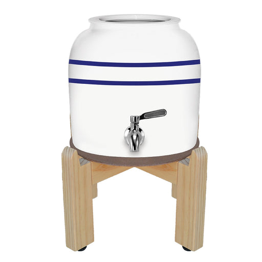 The GEO Porcelain Ceramic Crock Water Dispenser w/ Stand – Blue Stripe is a white BPA-free water crock with two blue stripes, a silver spigot for easy pouring, and comes complete with a wooden stand.