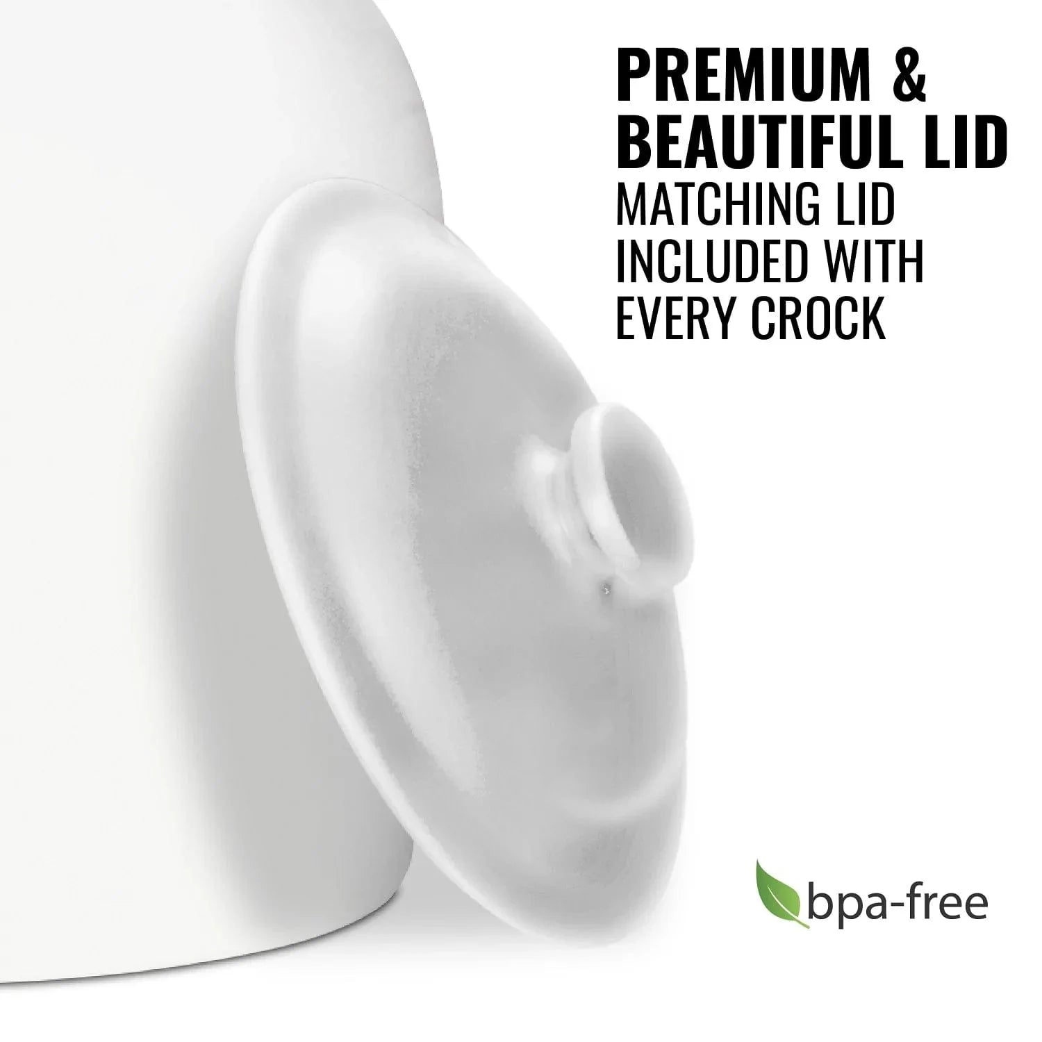 Close-up of the GEO Porcelain Ceramic Crock Water Dispenser w/ Stand – White, with matching lid leaning against it. Text: “Premium & Beautiful Lid. Matching lid included.” Green BPA-free symbol shown in the corner.