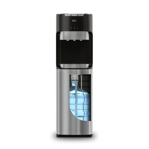 The Brio 400 Series Bottom Load Water Cooler features a visible blue jug in the lower compartment, a black top section, and LED indicator lights on the front.