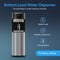 A glass being filled at the Brio 400 Series Bottom Load Water Cooler is shown. Text highlights its bottom load design, durable stainless steel build, tri-temperature dispenser, no plumbing needed, and no heavy lifting. Blue background.