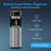 A glass being filled at the Brio 400 Series Bottom Load Water Cooler is shown. Text highlights its bottom load design, durable stainless steel build, tri-temperature dispenser, no plumbing needed, and no heavy lifting. Blue background.