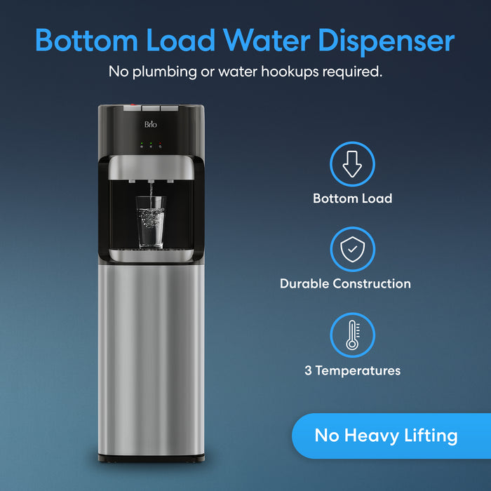 A glass being filled at the Brio 400 Series Bottom Load Water Cooler is shown. Text highlights its bottom load design, durable stainless steel build, tri-temperature dispenser, no plumbing needed, and no heavy lifting. Blue background.