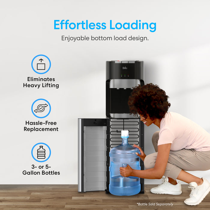 A woman crouches to load a large bottle into the Brio 400 Series Bottom Load Water Cooler. Text highlights Effortless Loading, Eliminates Heavy Lifting, Hassle-Free Replacement, and fits 3- or 5-gallon bottles.