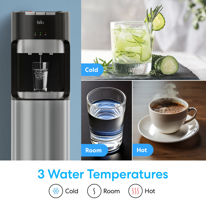 The Brio 400 Series Bottom Load Water Cooler dispenses cold, room, and hot water for any need—shown with a glass of ice water, plain water, and hot coffee labeled Cold, Room, Hot. Text: 3 Water Temperatures: Cold, Room, Hot.