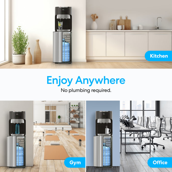 The Brio 400 Series Bottom Load Water Cooler is featured in a home, kitchen, gym, and office with blue labels for each location and the text: &quot;Enjoy Anywhere—No plumbing required.