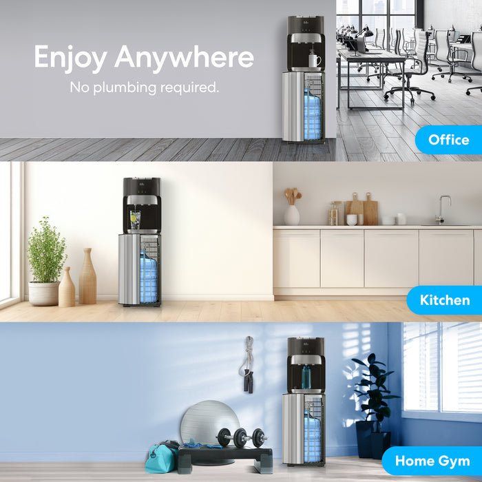 The Brio 400 Series Bottom Load Water Cooler is featured in a home, kitchen, gym, and office with blue labels for each location and the text: &quot;Enjoy Anywhere—No plumbing required.