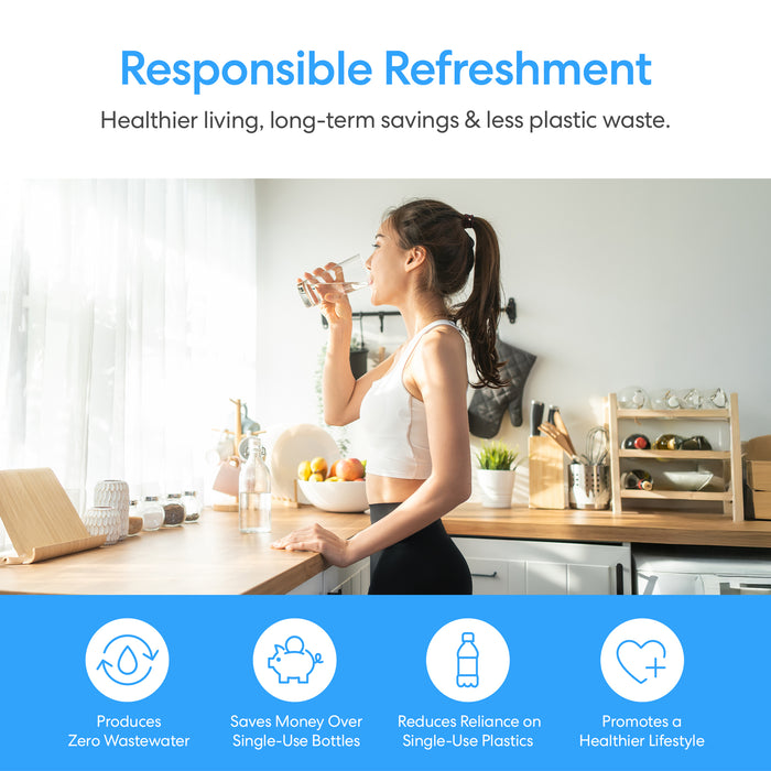 A woman in athletic wear drinks from a Brio 400 Series Bottom Load Water Cooler in a sunlit kitchen, enjoying zero wastewater, bottled water savings, reduced plastic use, and a healthier lifestyle.