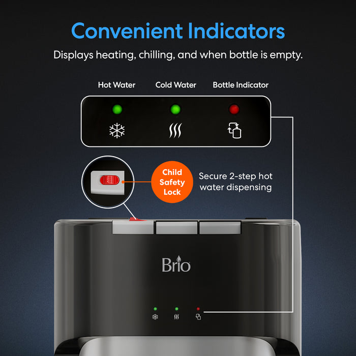 The Brio 400 Series Bottom Load Water Cooler has labeled indicator lights for hot, cold, and bottle status, plus a child safety lock for secure hot water dispensing. &quot;Convenient Indicators&quot; highlights this tri-temperature dispenser’s features.