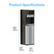 A Brio 400 Series Bottom Load Water Cooler in black and silver stainless steel is shown with labeled dimensions: height 41.4 in. (105.1 cm), depth 15.6 in. (39.6 cm), width 12.2 in. (31.1 cm). “Product Specifications” appears at the top.