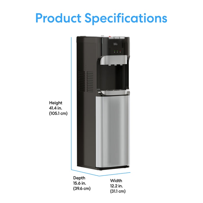 A Brio 400 Series Bottom Load Water Cooler in black and silver stainless steel is shown with labeled dimensions: height 41.4 in. (105.1 cm), depth 15.6 in. (39.6 cm), width 12.2 in. (31.1 cm). “Product Specifications” appears at the top.