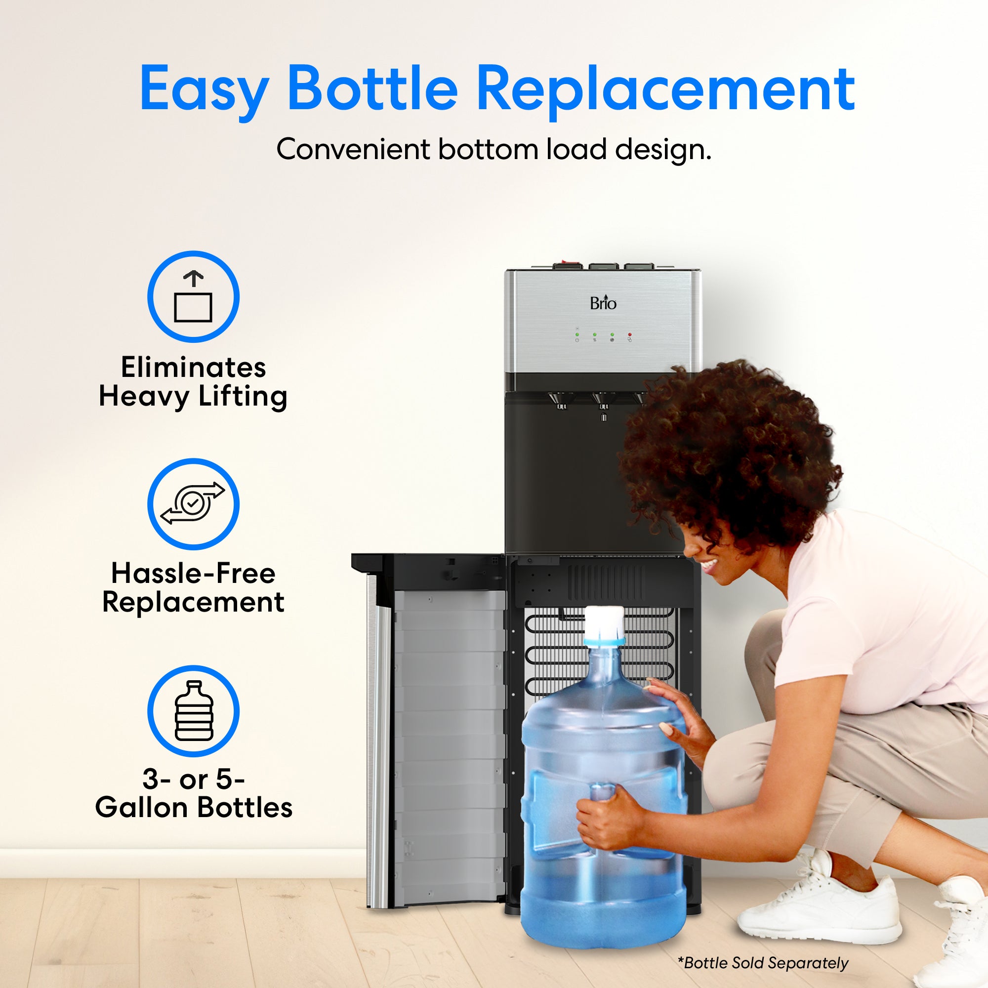 Brio Tri-Temp, Bottom Load Water Cooler, Black & Brush Stainless-Steel