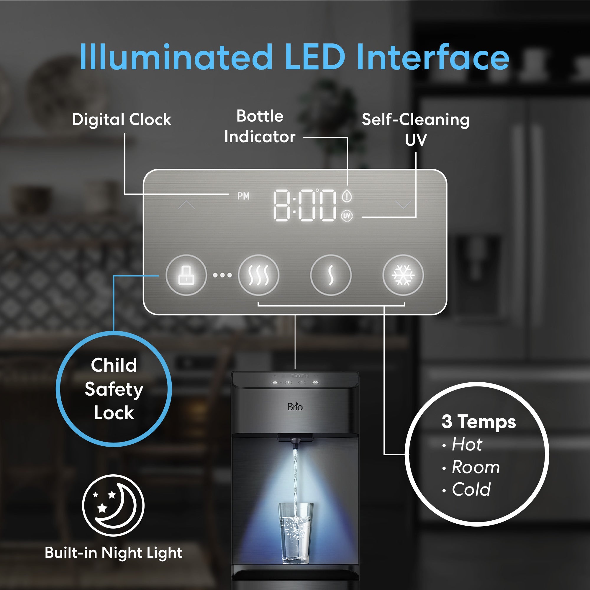 Illuminated LED interface of a CLBL730SC bottom load water dispenser with various features highlighted.