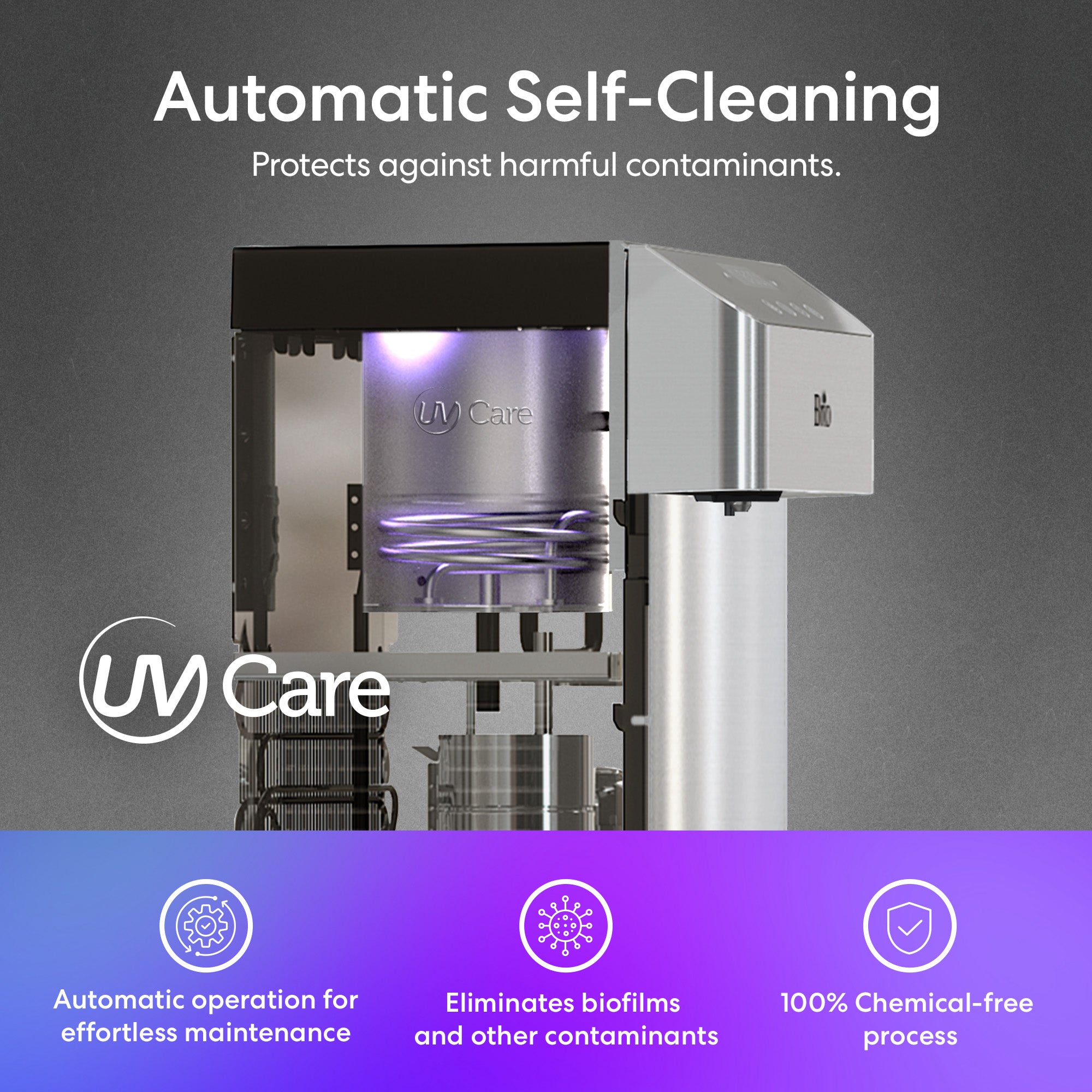 UV Care machine with text highlighting its self-cleaning features on a gray background