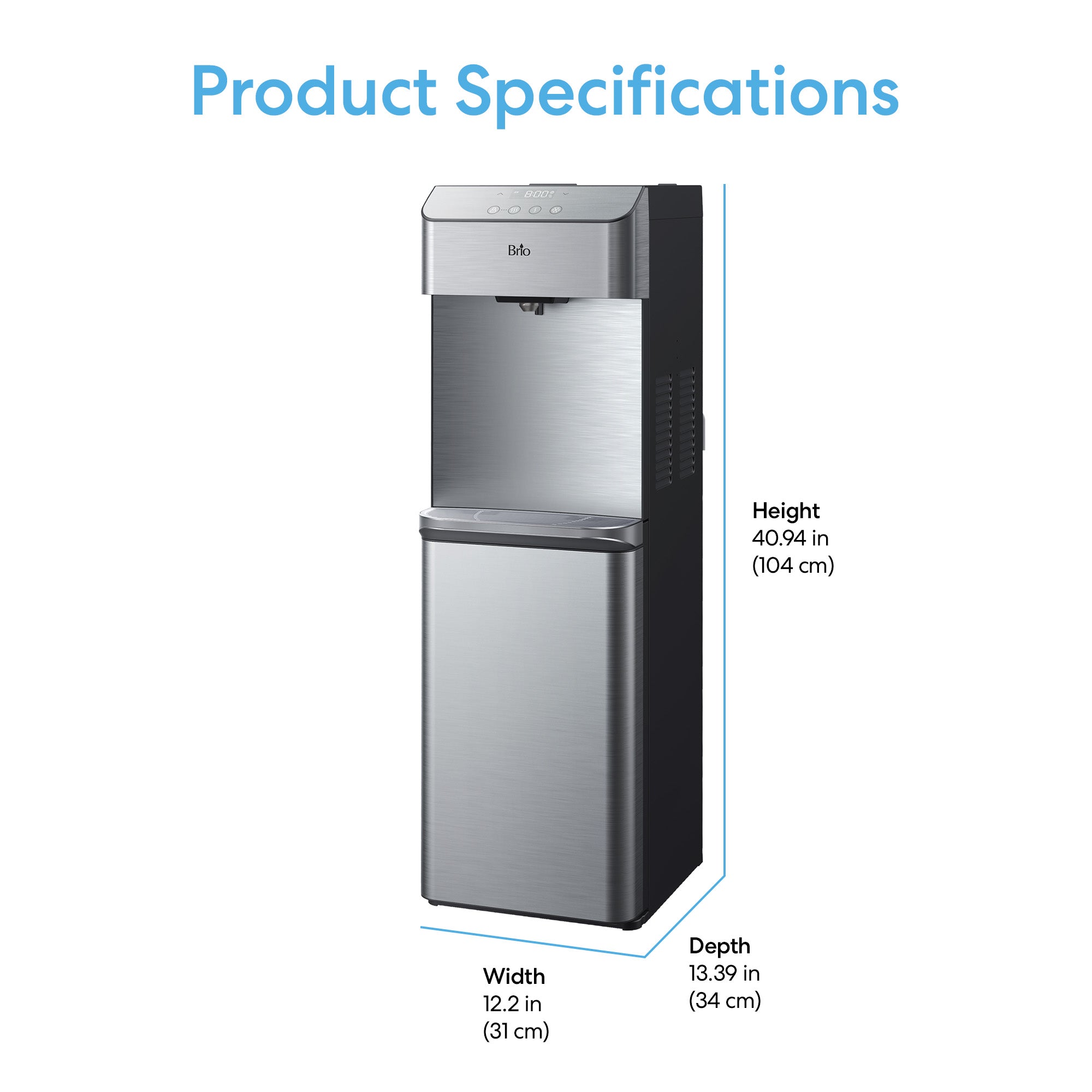 Brio 730 Series bottom load water cooler with dimensions on a white background