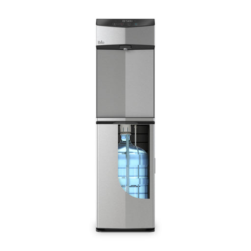 Silver water dispenser with a bottle on a white background