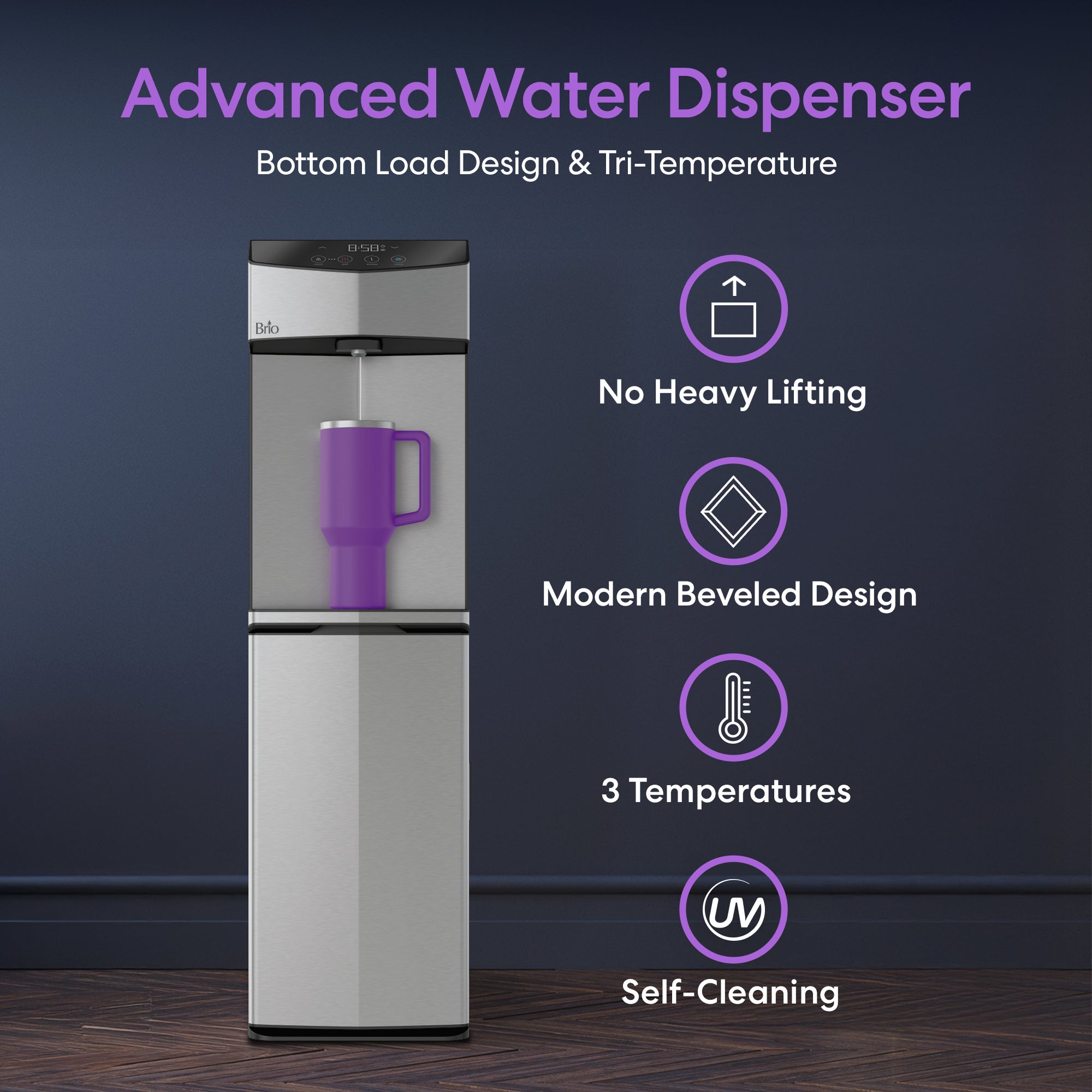 Advanced water dispenser with purple cup on a dark background, featuring text about its features.