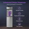 Advanced water dispenser with purple cup on a dark background, featuring text about its features.