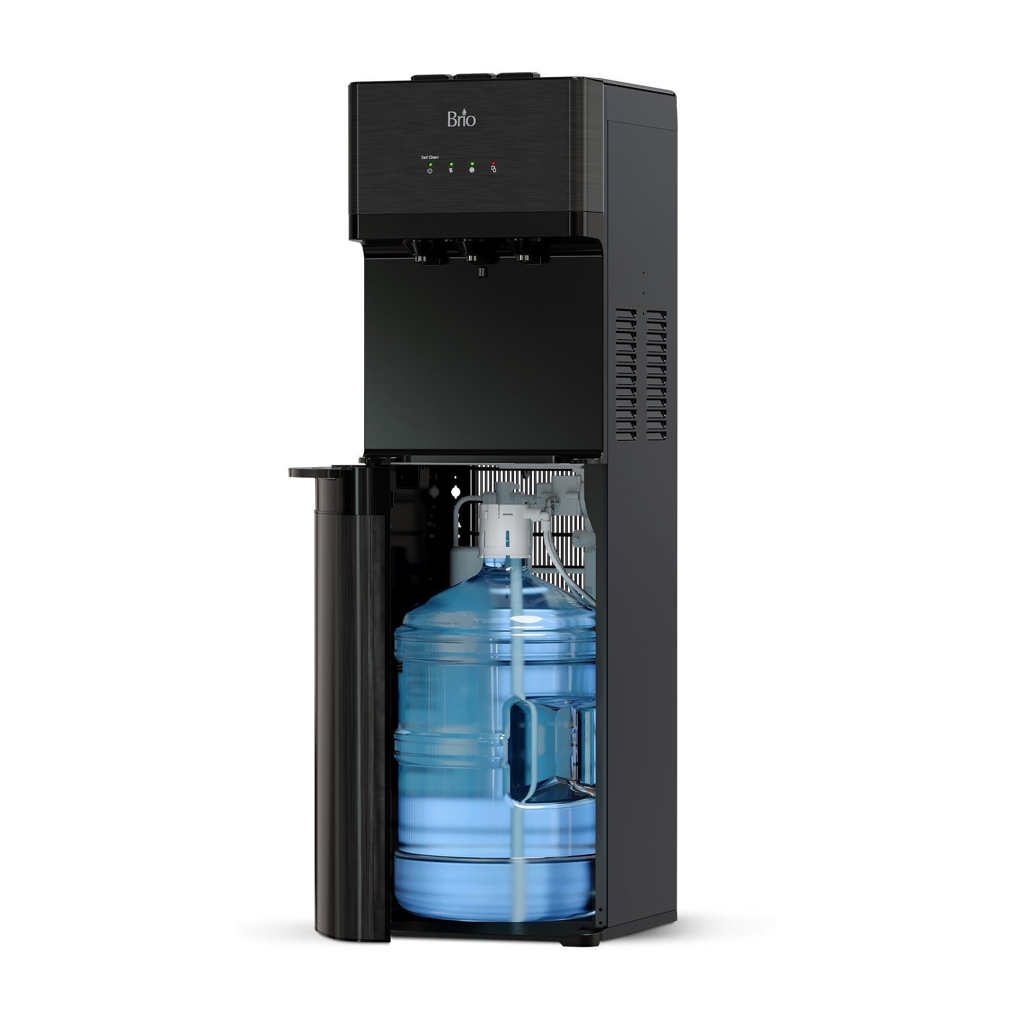 A Brio 500 Series No-Line Black Stainless Bottom Load Water Cooler with an open front panel reveals a large blue water bottle inside. The dispenser features indicator lights on the top front panel.