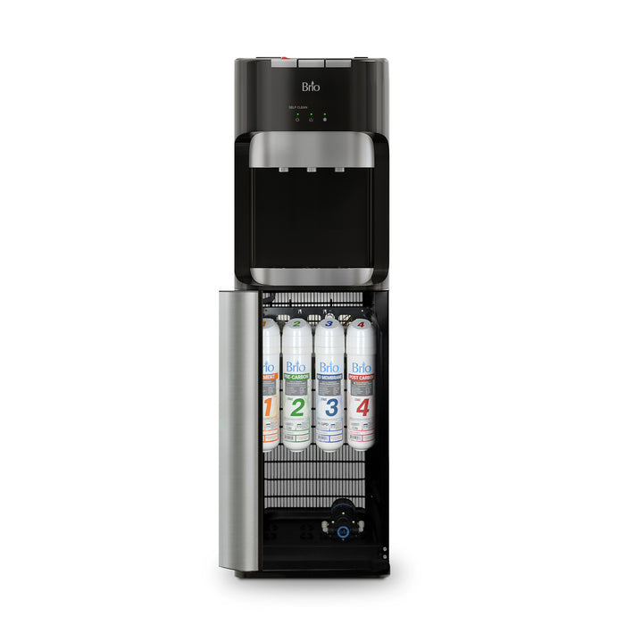 A black and silver Brio 400 Series 4-Stage Reverse Osmosis Bottleless Water Cooler stands with its lower cabinet open, showcasing four numbered advanced filtration cartridges inside.
