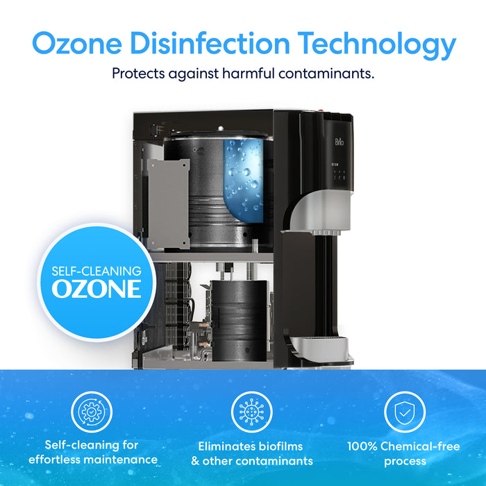The Brio 400 Series 4-Stage Reverse Osmosis Bottleless Water Cooler features a cutaway view showing advanced filtration, ozone self-cleaning, contaminant removal, and chemical-free disinfection with a blue Self-Cleaning Ozone indicator.
