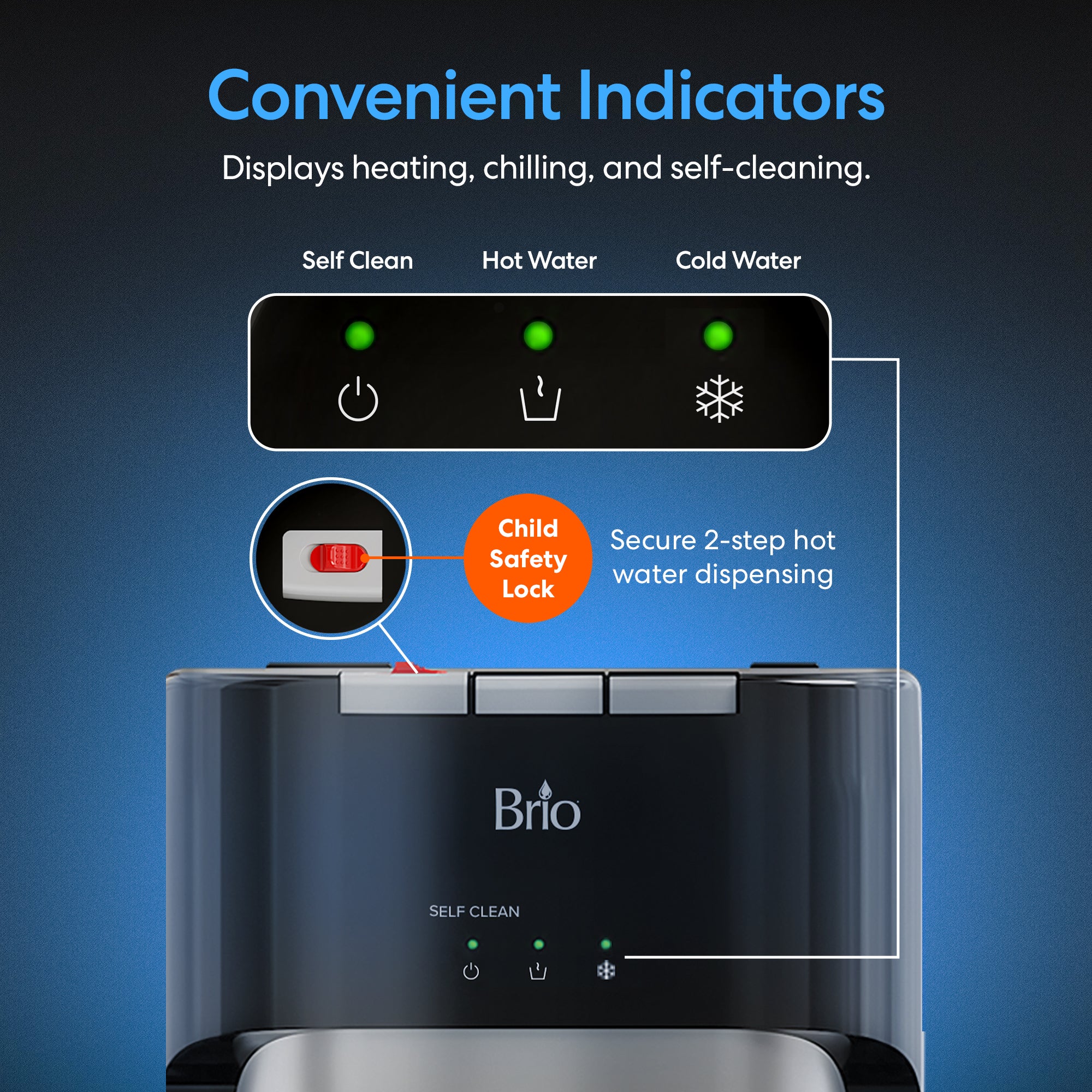 The Brio 400 Series 4-Stage Reverse Osmosis Bottleless Water Cooler features a cutaway view showing advanced filtration, ozone self-cleaning, contaminant removal, and chemical-free disinfection with a blue Self-Cleaning Ozone indicator.