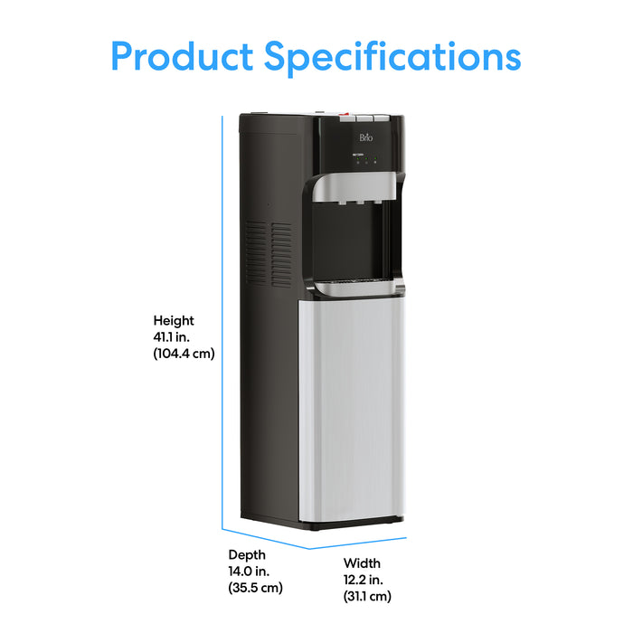 The Brio 400 Series 4-Stage Reverse Osmosis Bottleless Water Cooler, shown in black and silver, is labeled with dimensions: height 41.1 inches (104.4 cm), depth 14 inches (35.5 cm), and width 12.2 inches (31.1 cm). Product Specifications above.