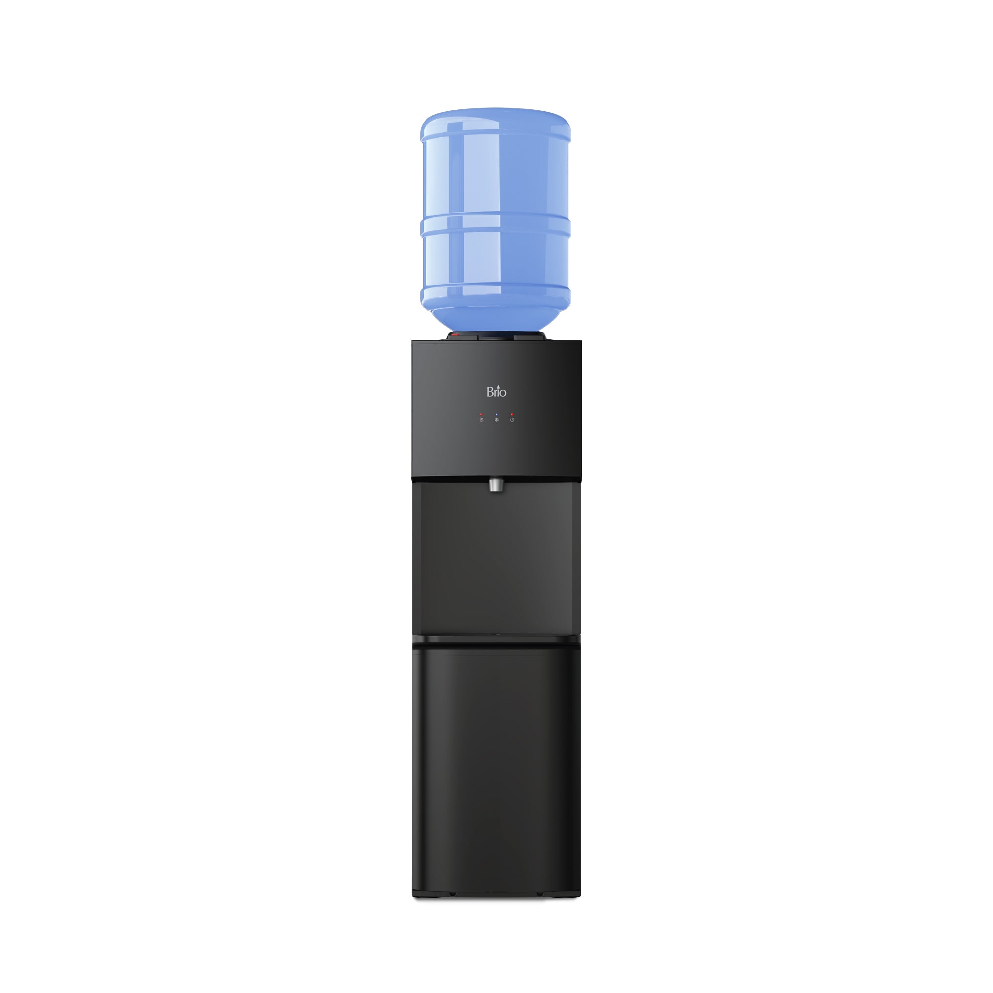 The Brio 530 Series Hot & Cold Top Load Water Cooler is a sleek black dispenser with a blue jug, shown upright against a white background. It features hot and cold water options plus a child safety lock for peace of mind.