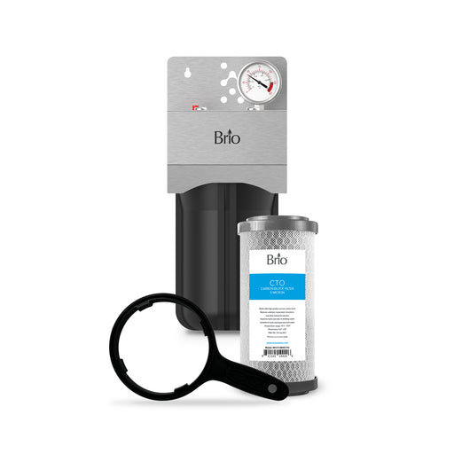 Brio Single Stage Whole House system with Carbon Block Filter and filter wrench on a white background.