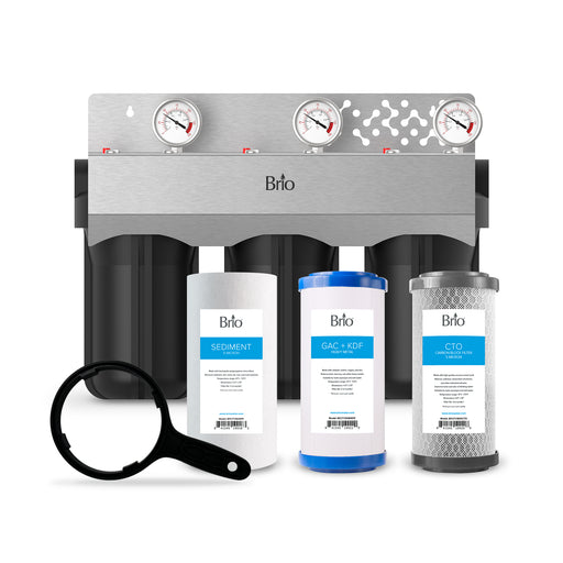 Brio eavy Metals Whole House Filtration System with filters and filter wrench on a white background
