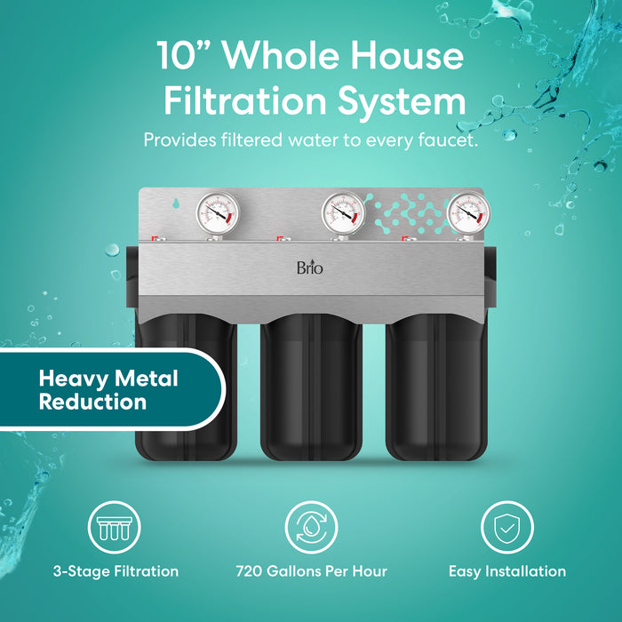 Brio 3 Stage Whole House Filtration System 10" Whole House Filtration System for Heavy Metals with features on a teal background