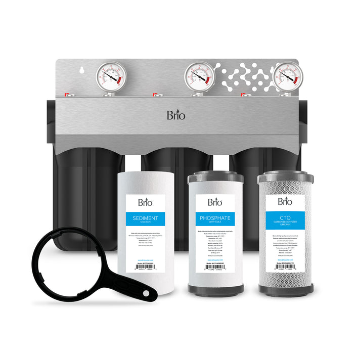 Brlo 3 Stage Anti Scale whole house water filtration system with associated filters and filter wrench on a white background