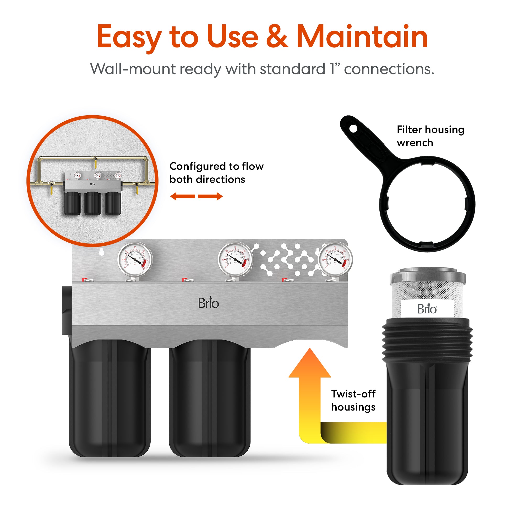 Brio Anti Scale Whole House Filtration with components and text on a white background