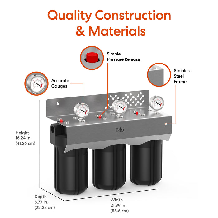 Brio water filter system with labeled features and dimensions on a white background