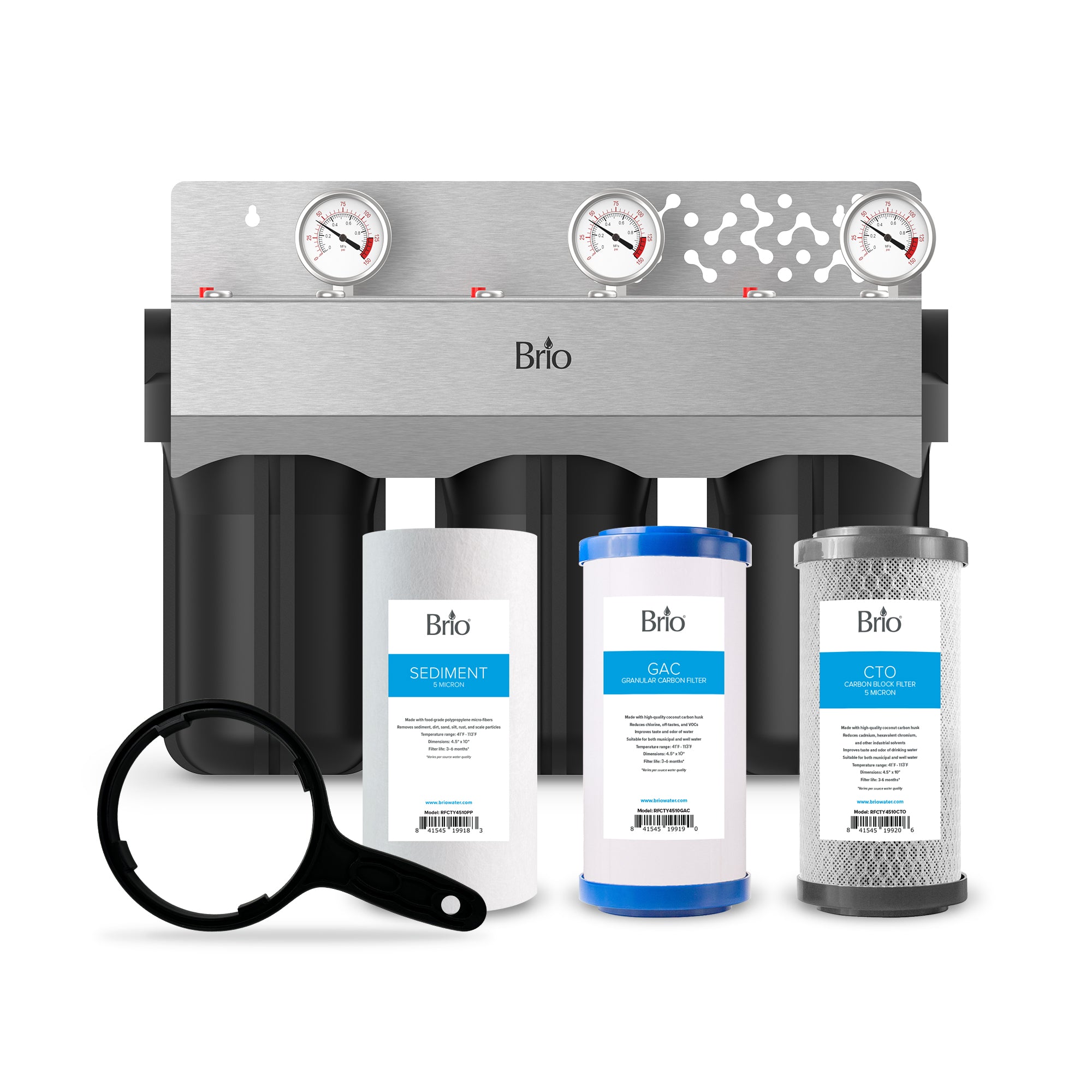 Brio 3 Stage Whole House Filtration System with filters and included filter wrench on a white background