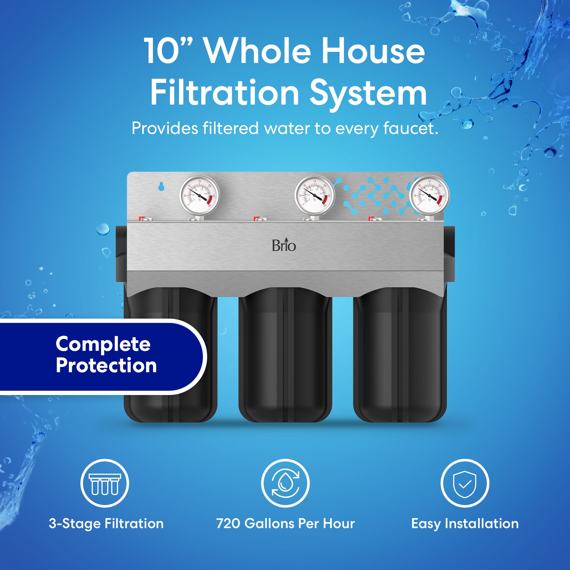 Three Stage 10" Whole House Filtration System with features on a blue background
