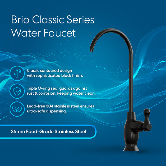 A Brio Classic Series Water Faucet – Matte Black is shown on a blue background, featuring a contoured design, triple O-ring seal, and 36mm food-grade stainless steel for superior water filtration.