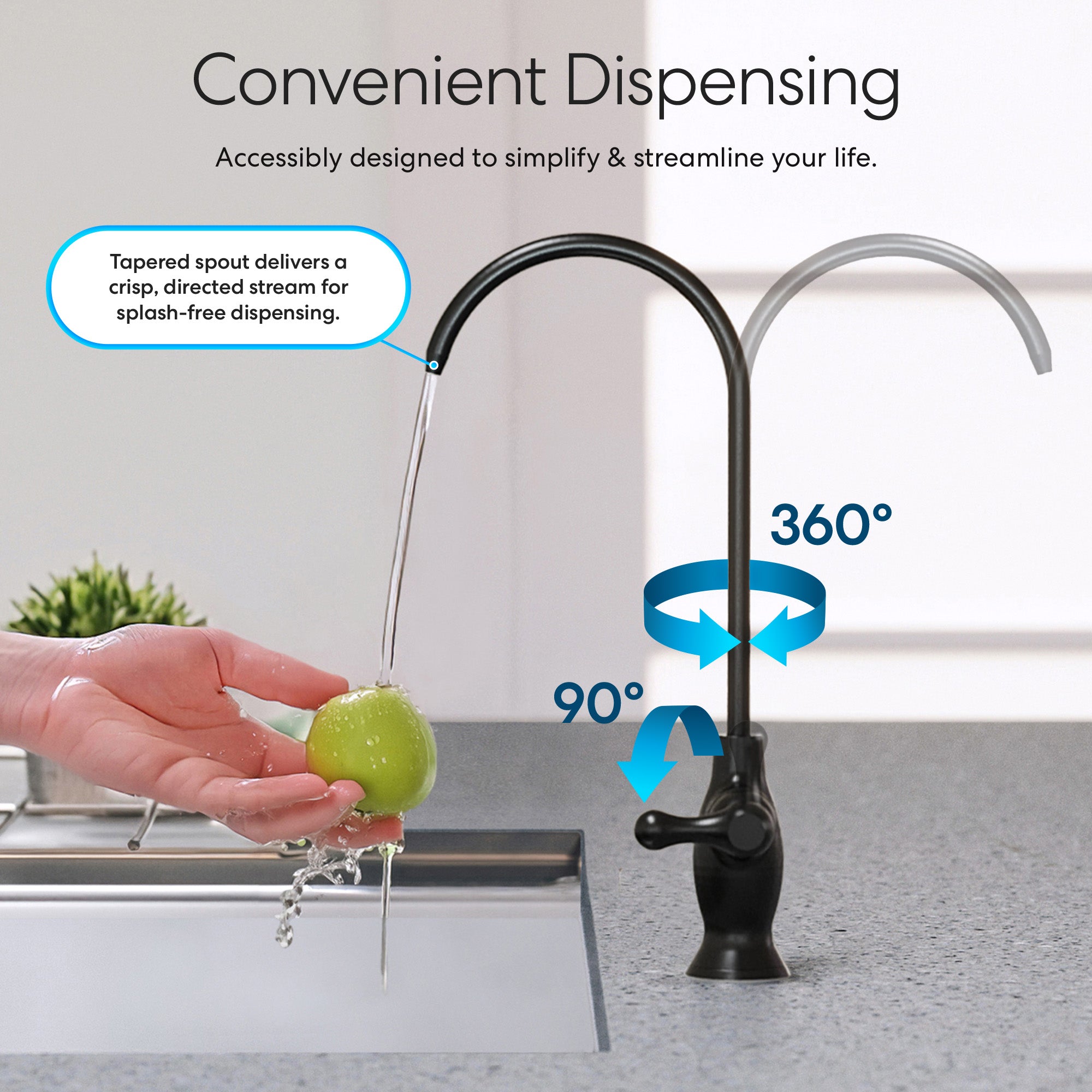 A hand rinses a green apple under the Brio Classic Series Water Faucet – Matte Black, featuring a lead-free design, flexible spout with 360° swivel and 90° movement above a kitchen sink. Text highlights Convenient Dispensing.