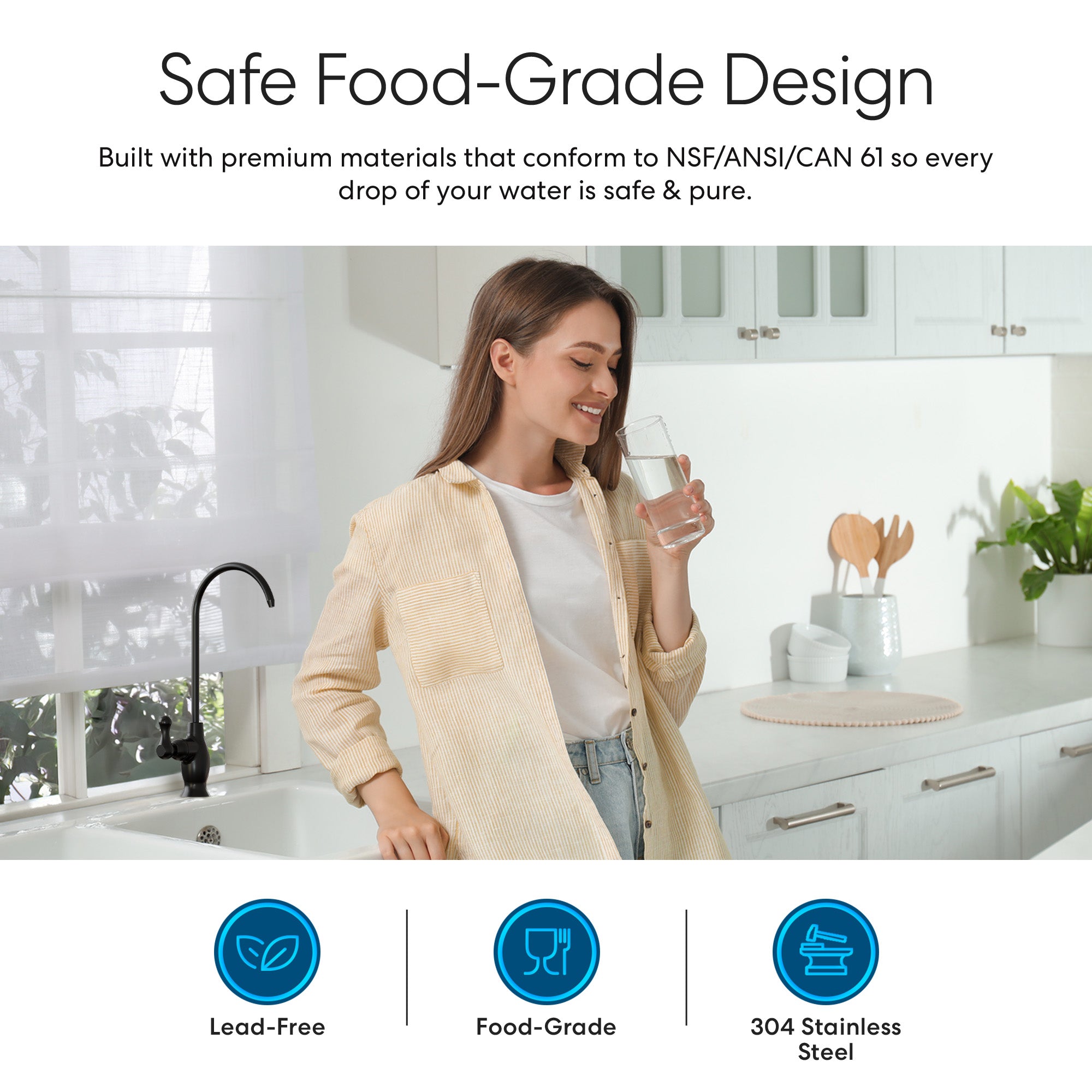 A woman smiles in a bright kitchen, holding a glass of water. Text highlights the Brio Classic Series Water Faucet – Matte Black: lead-free, food-grade, and crafted from 304 stainless steel for safe drinking water.