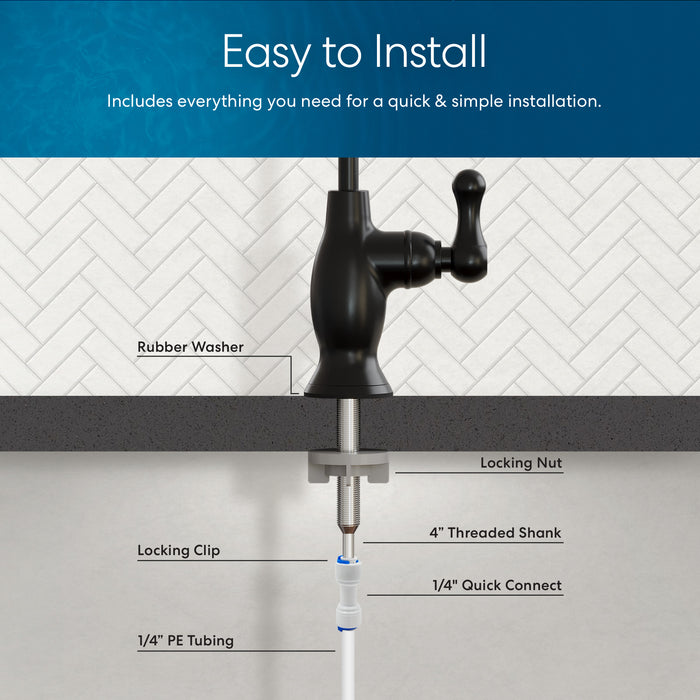 A diagram of the Brio Classic Series Water Faucet – Matte Black, made from lead-free stainless steel.