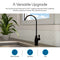 The Brio Classic Series Water Faucet – Matte Black, made from lead-free stainless steel, is perfect for home kitchens, wet bars, and RVs. It supports water filtration systems and looks stylish on counters with white hexagonal tile backsplashes.