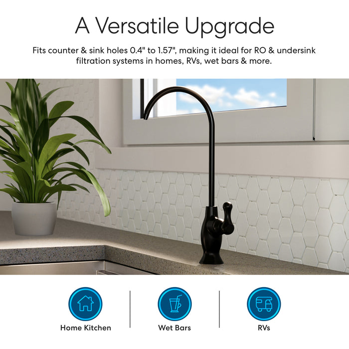 The Brio Classic Series Water Faucet – Matte Black, made from lead-free stainless steel, is perfect for home kitchens, wet bars, and RVs. It supports water filtration systems and looks stylish on counters with white hexagonal tile backsplashes.