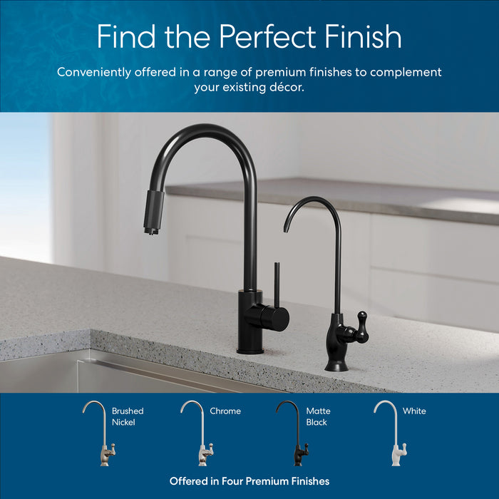 The Brio Classic Series Water Faucet in Matte Black features a tall, modern design. Six finish options are available: brushed gold, brushed bronze, brushed nickel, chrome, matte black, and white.