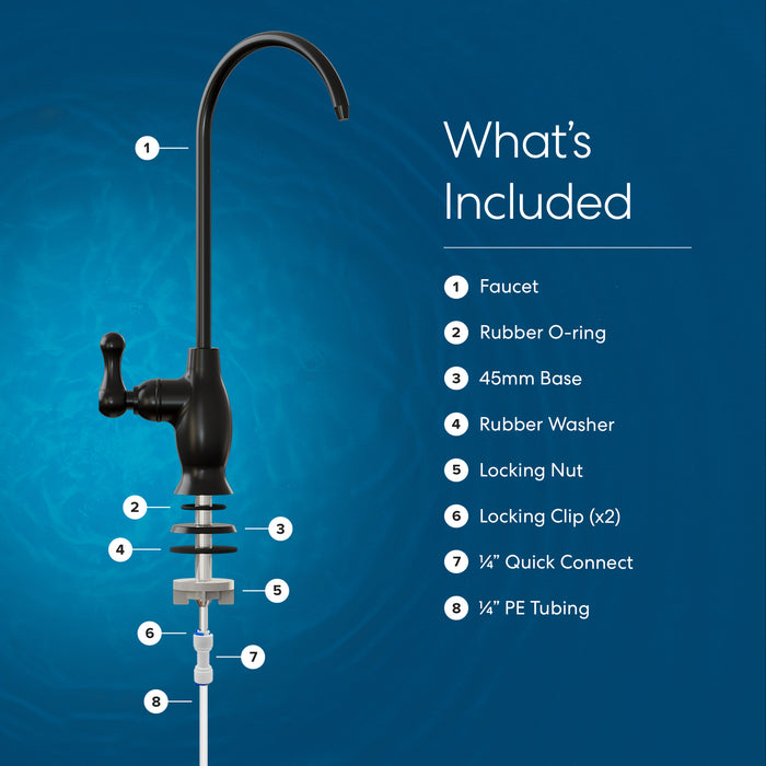 Labeled diagram of the Brio Classic Series Water Faucet – Matte Black showing faucet, rubber O-ring, 45mm base, rubber washer, locking nut, two locking clips, 1/4&quot; quick connect, and 1/4&quot; PE tubing. Includes a parts list.