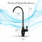 The Brio Classic Series Water Faucet – Matte Black, a black curved reverse osmosis faucet with single lever handle, is shown on a white background with blue wave accents. Labeled specs: 10" height, 4.7" reach, 3.7" base height, 1.4" width.
