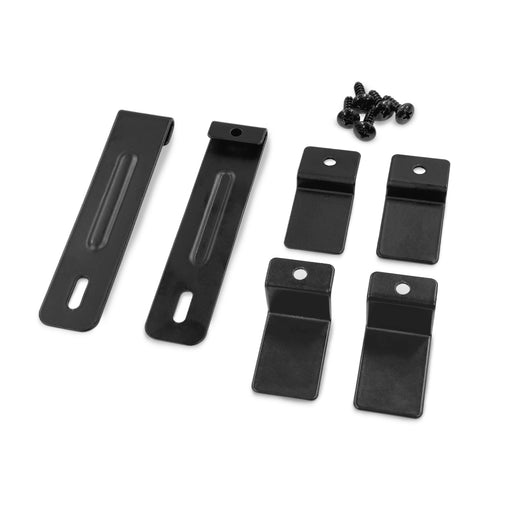 The Riser ACWC730 Assembly Accessories Kit includes four short black L-brackets, two long slotted flat metal pieces, and eight black screws displayed on a white background.