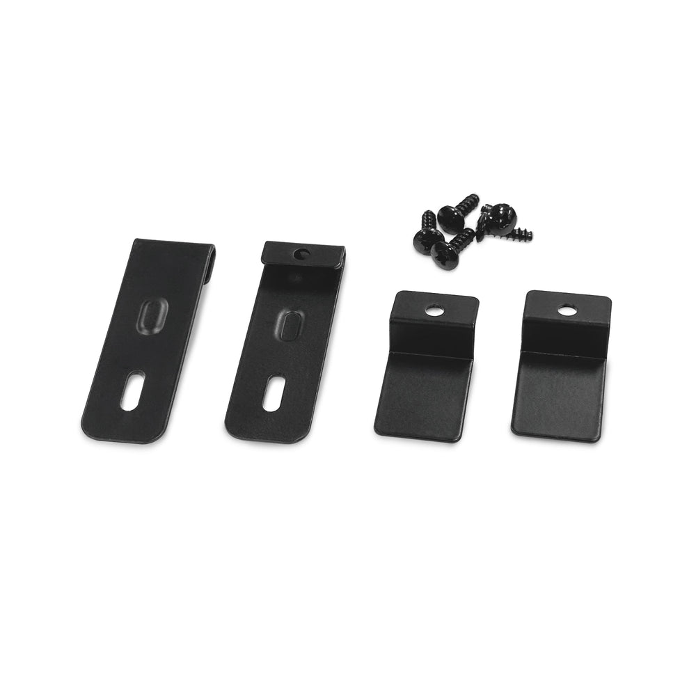 The Riser ACWC430 Assembly Accessories Kit includes four black metal mounting brackets of varying shapes and four black screws, all shown on a white background. The brackets feature slotted holes for adjustable installation.