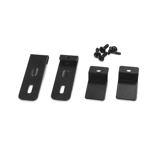 The Riser ACWC430 Assembly Accessories Kit includes four black metal mounting brackets of varying shapes and four black screws, all shown on a white background. The brackets feature slotted holes for adjustable installation.