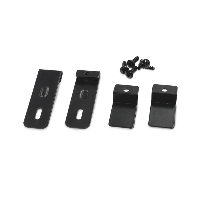 The Riser ACWC430 Assembly Accessories Kit includes four black metal mounting brackets of varying shapes and four black screws, all shown on a white background. The brackets feature slotted holes for adjustable installation.