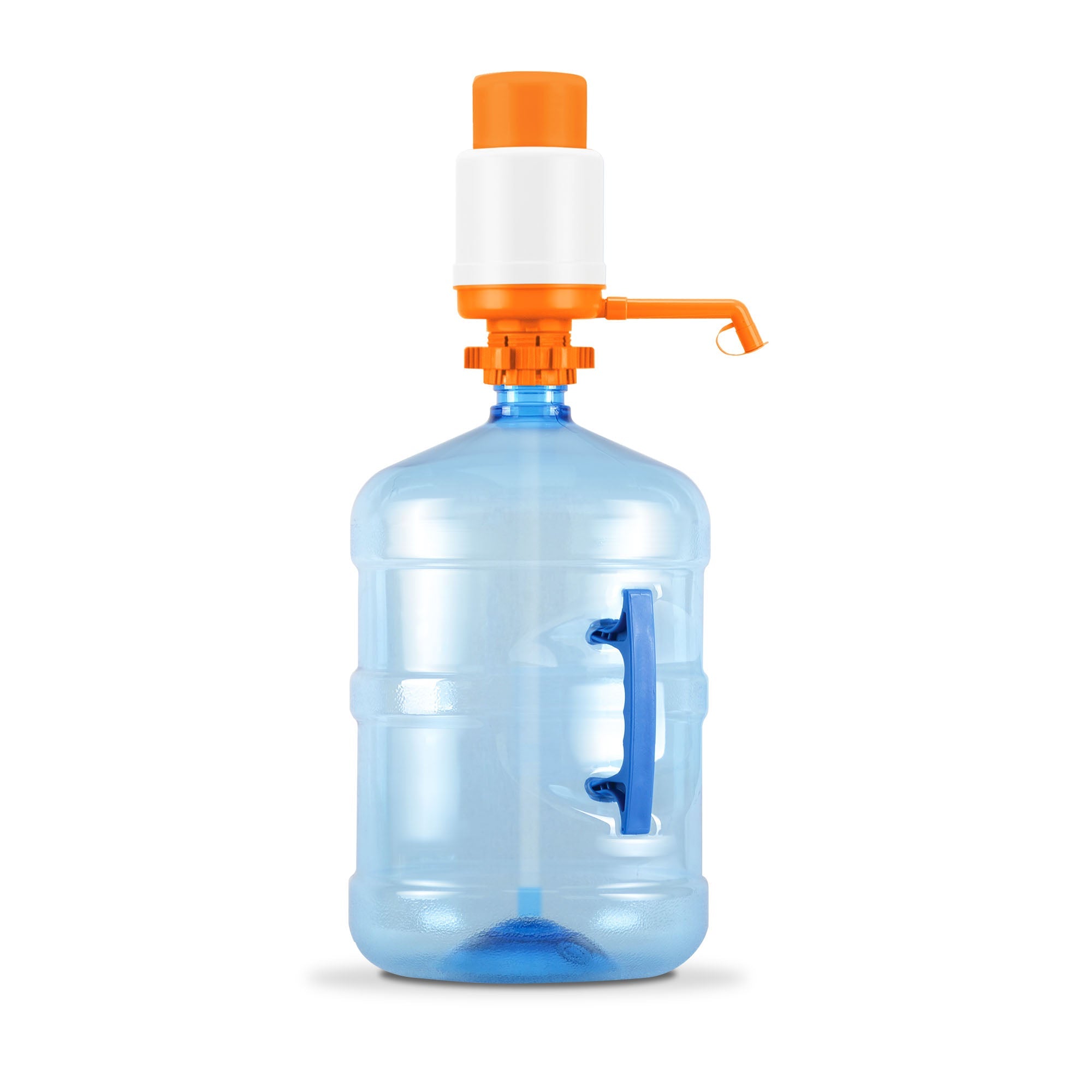 A blue water bottle with an orange and white manual water pump attached to it.